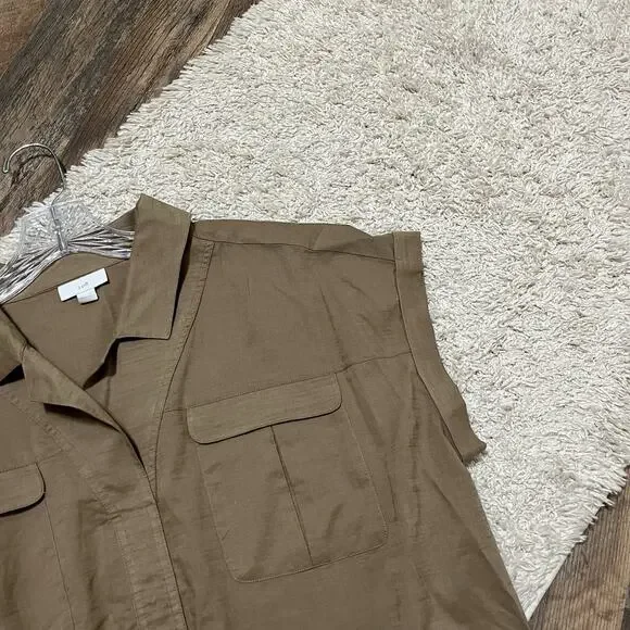 J.Jill Large Petite Brown Cap Sleeve 100% Cotton Pullover Utility Camp Shirt - Picture 3 of 6